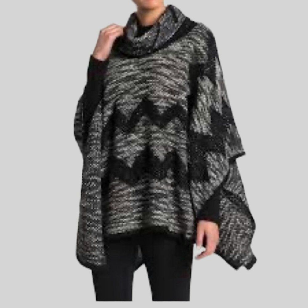 NWOT Vertigo Lambs Wool Blend Gray & Black Chevron Cowl Neck Poncho Size Small
